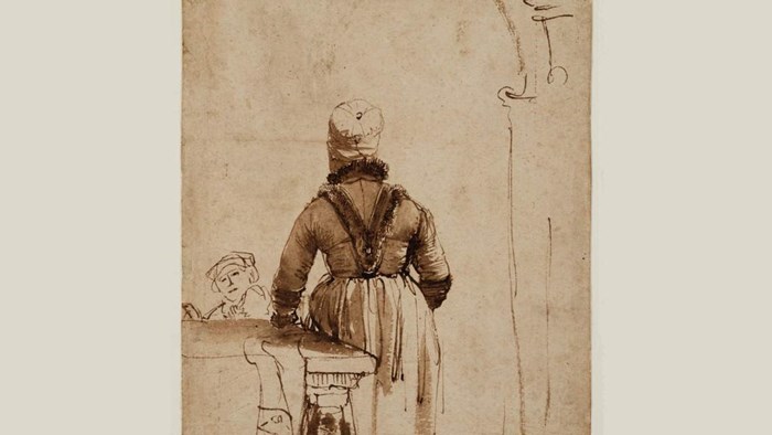 Vrouw in kostuum, op de rug gezien (&#39;Geertje Dirkcx&#39;), collectie Teylers Museum